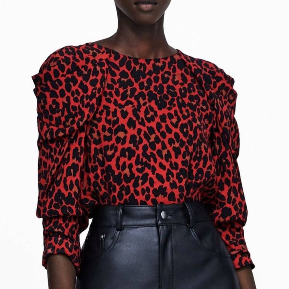 Zara / Red Leopard Draped Shoulder Blouse
